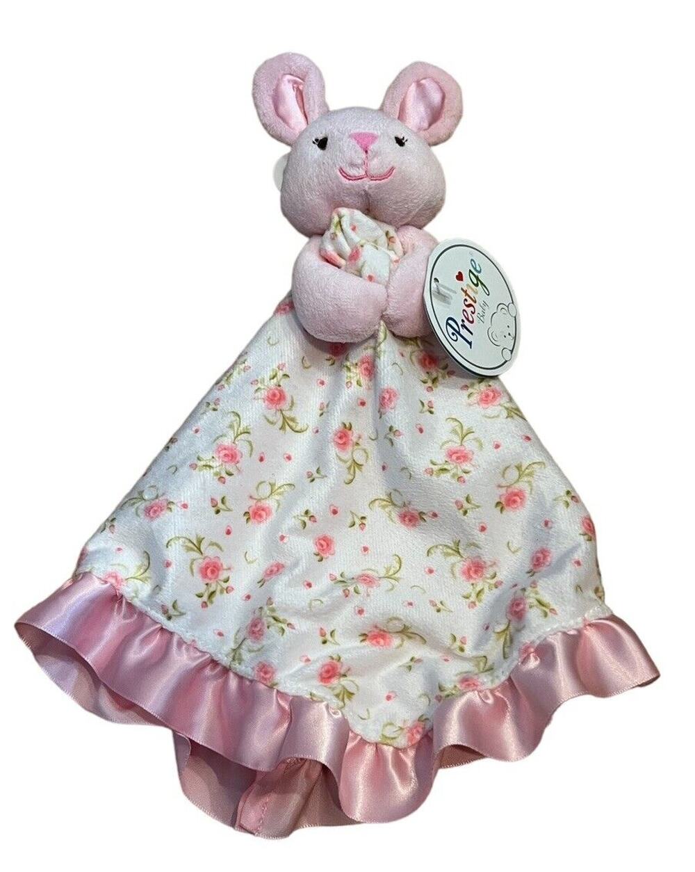 Sweetest Prestige Baby Pink Bunny Floral Security Blanket Satin Ruffle NWT